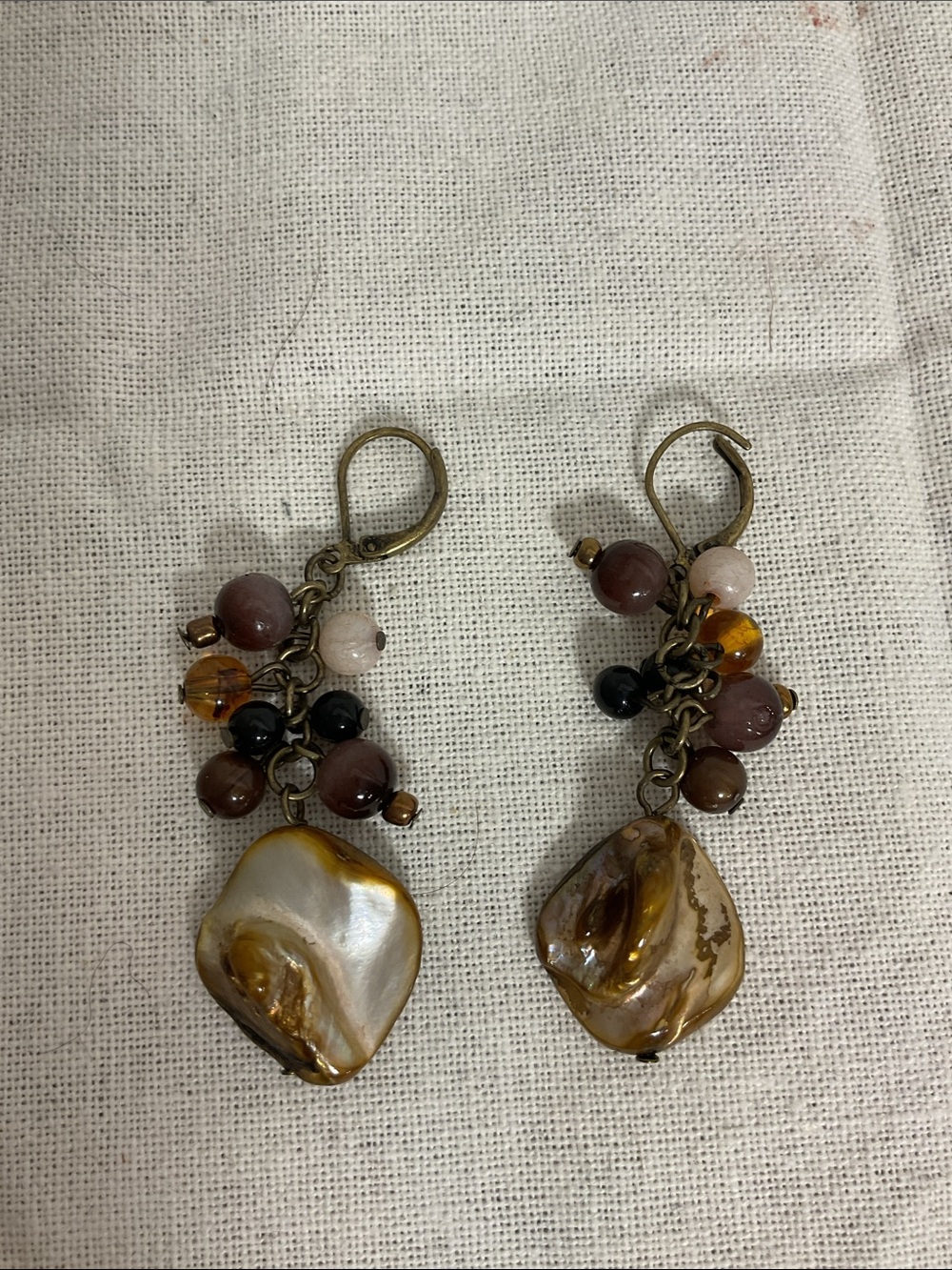 Vintage Style Mother of Pearl & Beaded Cluster Dangle Earrings, 2” Length